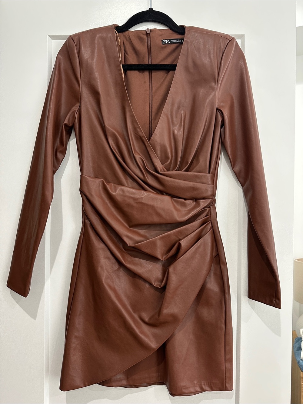 Zara Brown Faux Leather Long-Sleeve Draped Mini Dress